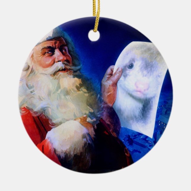Santa and the Ferret Ceramic Ornament (Front)