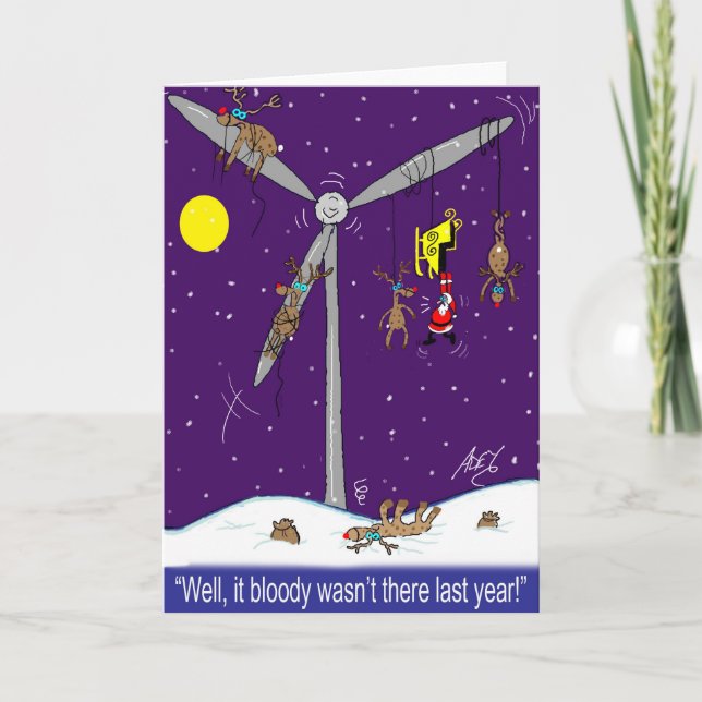 Santa and the wind farm cartoon holiday card (Front)