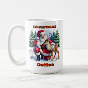 Santa and Young Reindeer in Winter Coffee Mug
