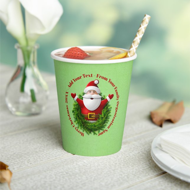 Santa Announcing Your Text Name Year Red Green Paper Cups (Insitu)