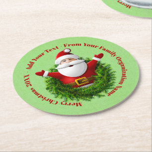 Santa Announcing Your Text Name Year Red Green Round Paper Coaster