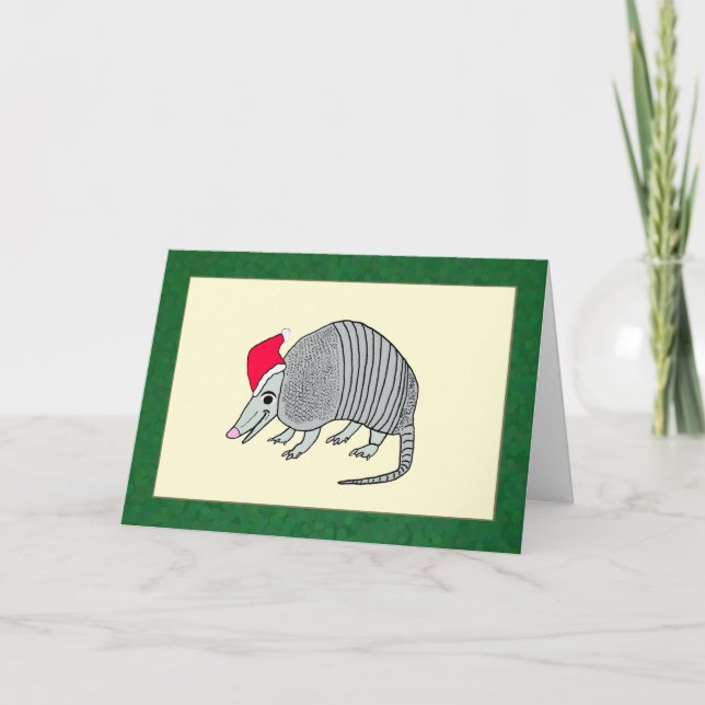 Santa Armadillo Christmas (green border) Holiday Card (Front)