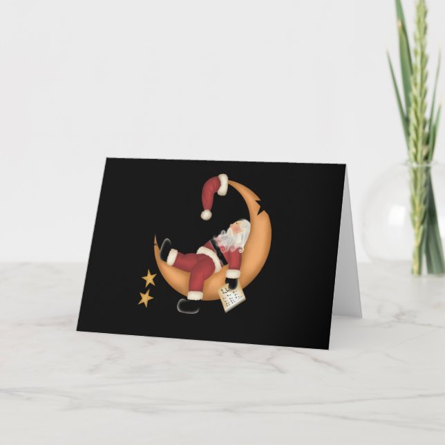 Santa Asleep on Moon Holiday Card (Front)