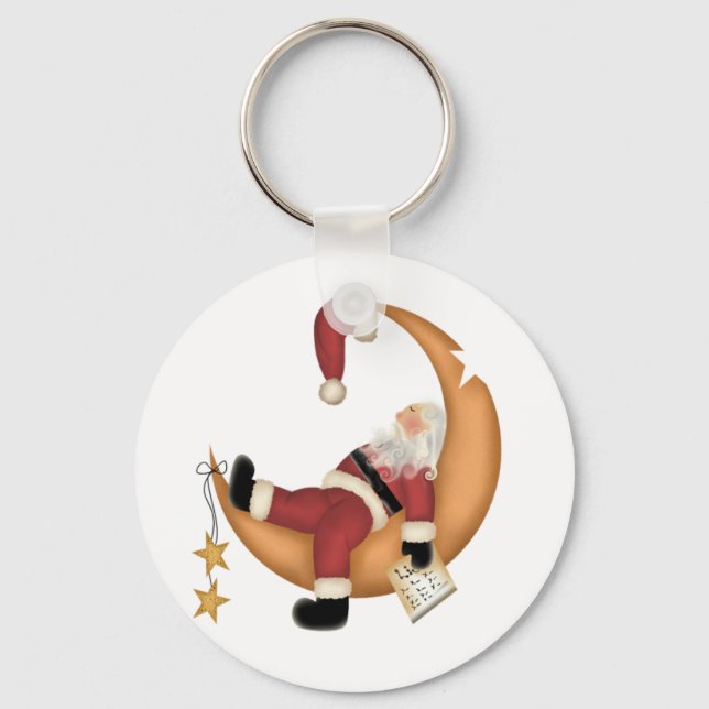 Santa Asleep on Moon Tshirts and Gifts Keychain (Front)