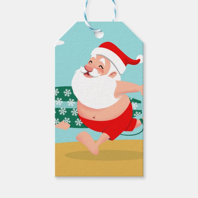 Santa at beach cartoon gift tags (Front)