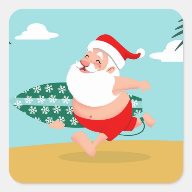 Santa at beach cartoon square sticker (Front)