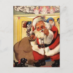 Santa at Fireplace with Puppy Vintage Retro  Postcard
