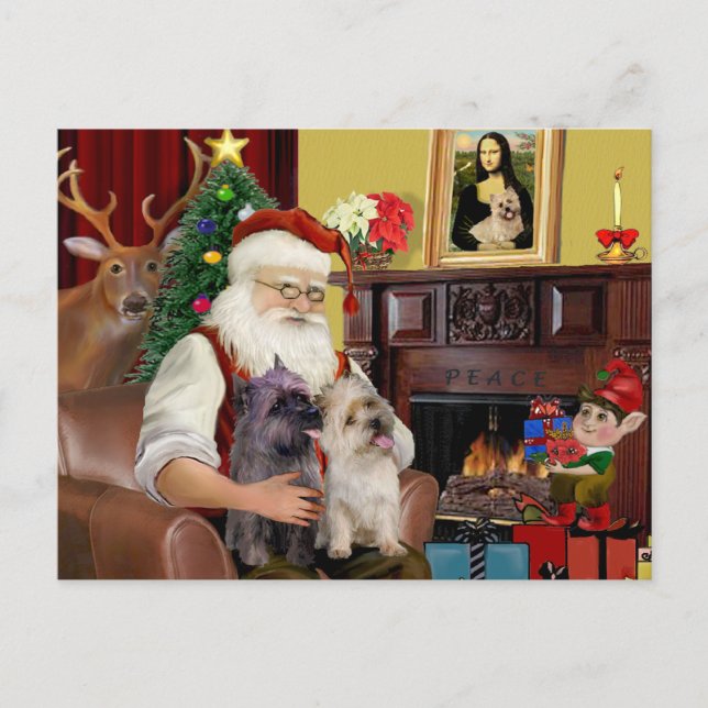 Santa At Home - Cairn Terriers (two) Holiday Postcard (Front)