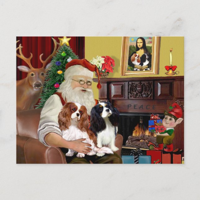 Santa At Home  Cavalier King Charles (two) Holiday Postcard (Front)