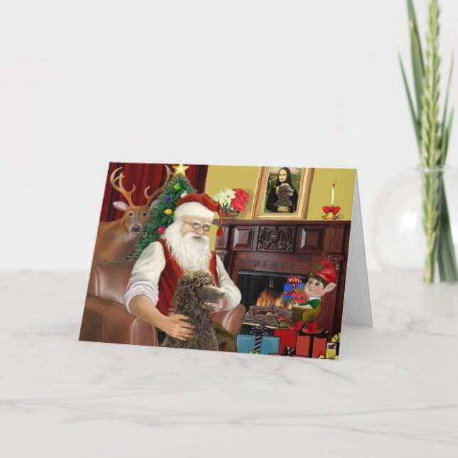 Santa At Home -Poodle (standard Chocolate) Holiday Card (Front)