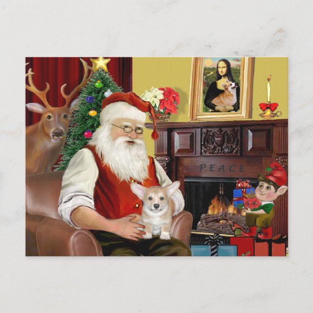 Santa At Home - Welsh Corgi Pup Holiday Postcard (Front)