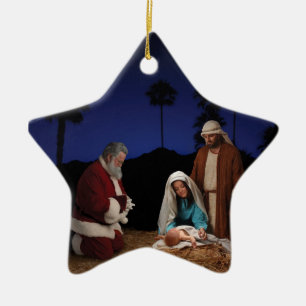 Santa at Nativity star ornament