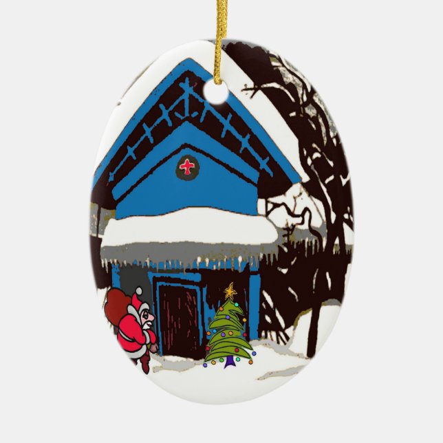 Santa at Swiss Chalet Ceramic Ornament (Front)