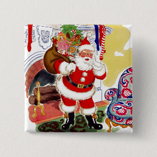 Santa at the Fireplace Bringing Toys 2 Inch Square Button