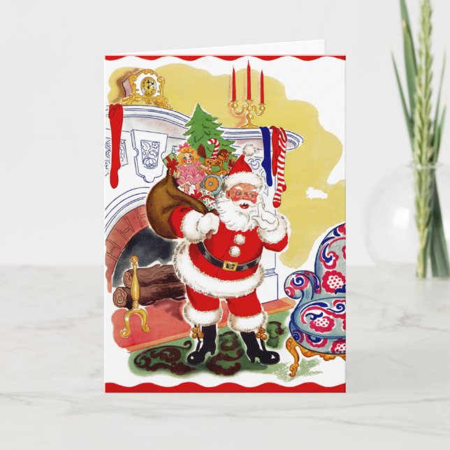 Santa at the Fireplace Bringing Toys Holiday Card (Front)