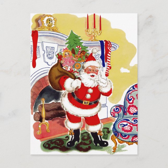 Santa at the Fireplace Bringing Toys Holiday Postcard (Front)
