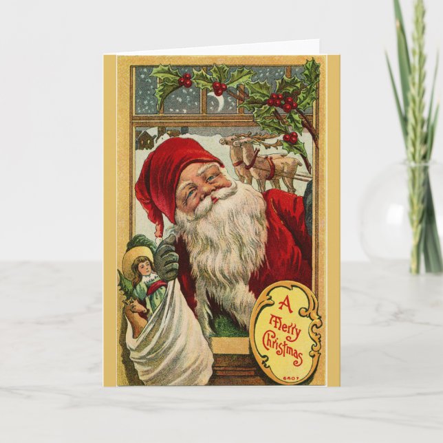 Santa at the Window with Toy Bag Greeting Card (Front)