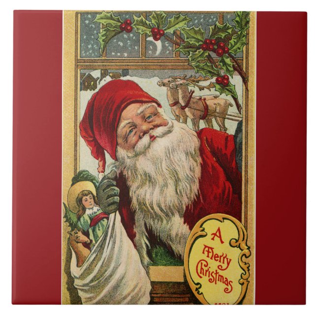 Santa at the Window with Toys Red Ceramic Tile (Front)