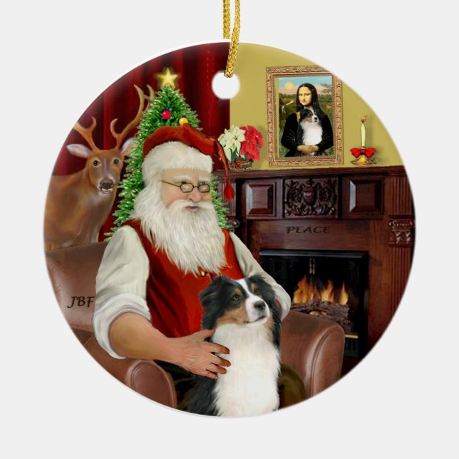 Santa-Aussie Shepherd (Tri 2) Ceramic Ornament (Front)
