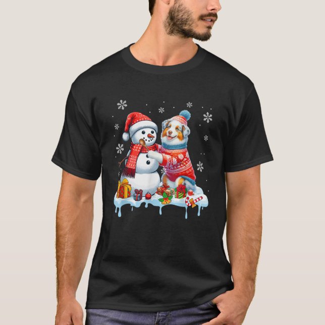 Santa Australian Shepherd Builds Snowman Christmas T-Shirt (Front)