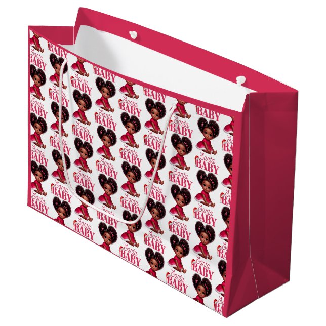 Santa Baby Afro Puff Infant Girl Christmas Large Gift Bag (Front Angled)