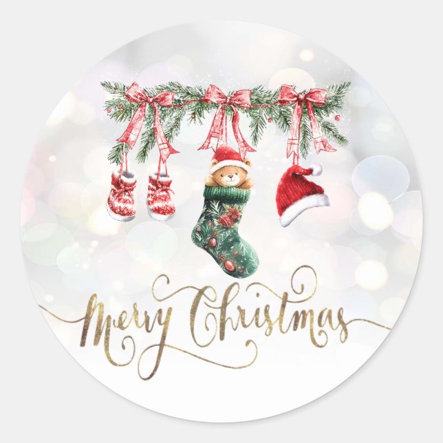 Santa Baby Bear Christmas Clothesline Classic Round Sticker (Front)