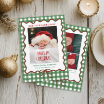 Santa Baby Birth Announcement Gingham Holiday Card