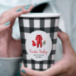 Santa Baby Christmas Baby Shower Paper Cups<br><div class="desc">Santa Baby Christmas themed baby shower with baby clothes and black buffalo plaid.</div>
