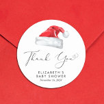 Santa Baby Christmas Baby Shower Thank You<br><div class="desc">Cute stickers for your Christmas holiday season baby shower correspondence and party favours with "Thank You" in an elegant script with a heart swash and a watercolor illustration of a red Santa Claus hat. Personalize with the mother's name and shower date in simple modern typography.</div>