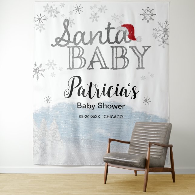 Santa Baby Christmas Boy Baby Shower Backdrop Tapestry (In Situ)