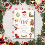 Santa Baby Christmas Holiday Baby Shower Invitation<br><div class="desc">This cute "santa baby" gender-neutral baby shower invitation features a cream background with Santa Claus, hollies, a gingerbread man, star, snowman, christmas tree, candy cane, and stocking in watercolor. The reverse side features a white background with check pattern in red. Personalize it for your needs. You can find matching products...</div>