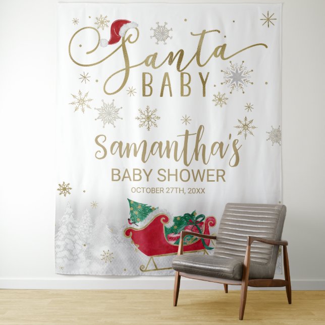 Santa Baby Christmas Winter Baby Shower Backdrop Tapestry (In Situ)