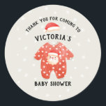 Santa Baby Christmas Winter Baby Shower Classic Round Sticker<br><div class="desc">Modern and cute "Santa Baby" Baby Shower Stickers. Great Scandinavian Hygge feel featuring an adorable Santa Claus winter outfit and hat with a snowflake background. Neutral colour scheme for a boy or girl baby to be with red accents.</div>