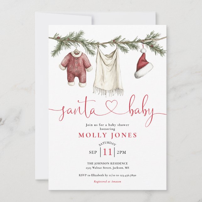 Santa Baby Clothesline Winter Baby Shower Invitation (Front)