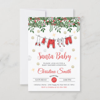 Santa Baby Cute Gold Snowflakes Winter baby Shower Invitation