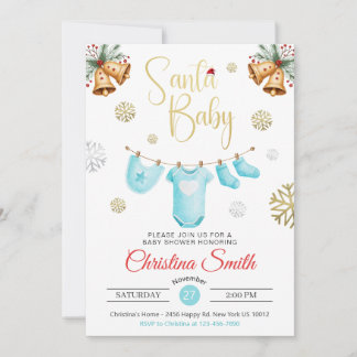 Santa Baby Gold Snowflakes Winter Baby Boy Shower Invitation