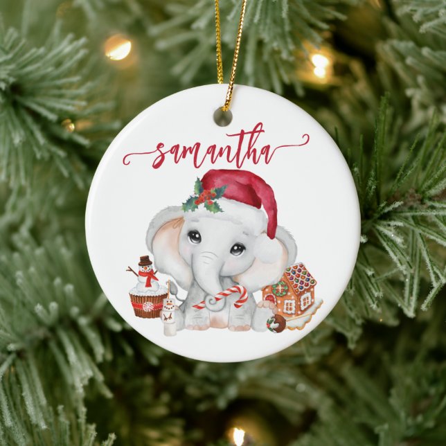 Santa Baby Holiday Elephant Christmas   Ceramic Ornament (Tree)