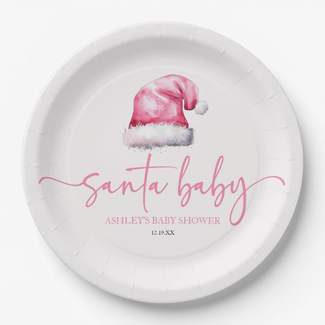 Santa Baby Pink Hat Christmas Holiday Baby Shower Paper Plate (Front)