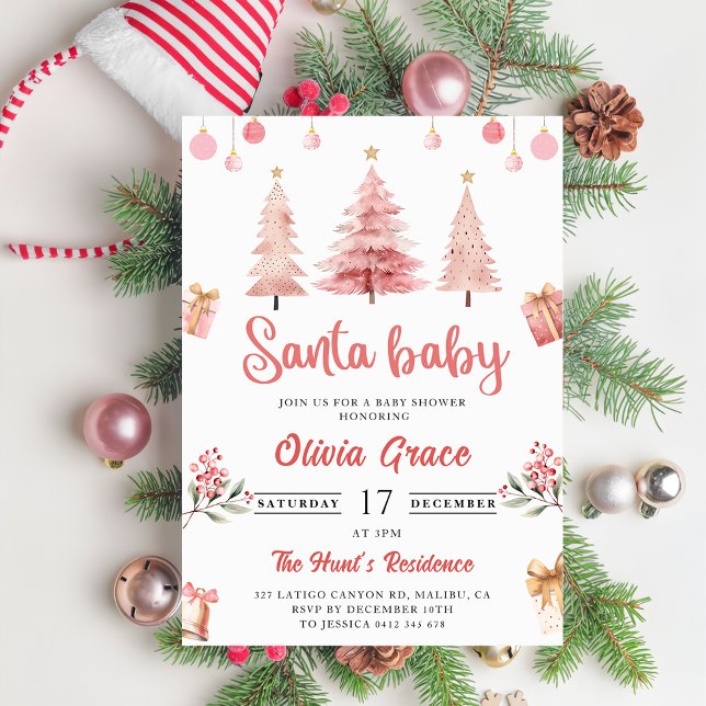Santa Baby Pink Winter Tree Christmas Baby Shower  Invitation (Creator Uploaded)