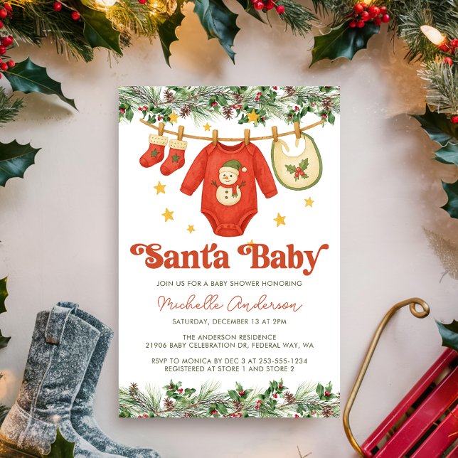 Santa Baby Red Christmas Clothesline Baby Shower Invitation (Santa Baby Red Christmas Clothesline Baby Shower Invitation
)