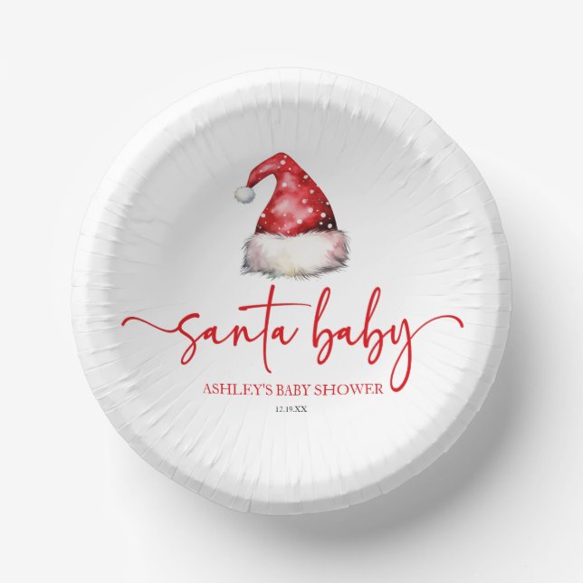 Santa Baby Red Hat Christmas Holiday Baby Shower Paper Plate (Front)