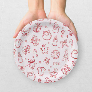 Santa Baby Red Pink Christmas Baby Shower Paper Plate