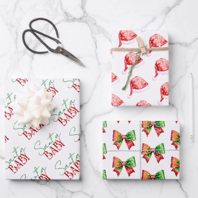 Santa Baby shower bow and Santa hat Christmas Wrapping Paper Sheet (Front)
