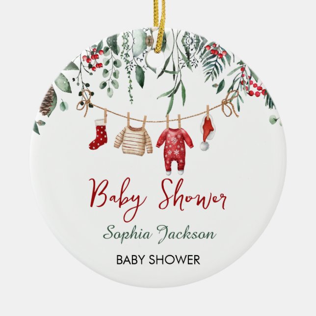 Santa Baby Shower Christmas Baby Clothes Winter Ceramic Ornament (Front)