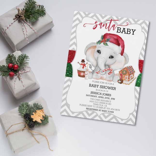 Santa Baby Shower Cute Holiday Elephant Chevron Invitation (Creator Uploaded)