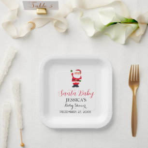 Santa Baby Shower Red Cute simple Winter Snowy Paper Plate