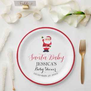 Santa Baby Shower Red Cute simple Winter Snowy Paper Plate