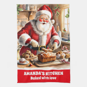 Santa Baking Christmas Bread Personalized Holiday Kitchen Towel