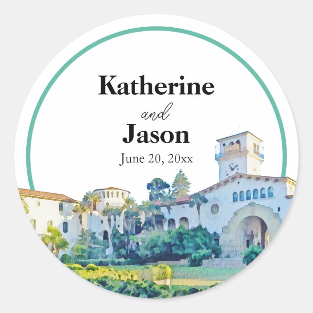 Santa Barbara Courthouse Watercolor Wedding Classic Round Sticker (Front)