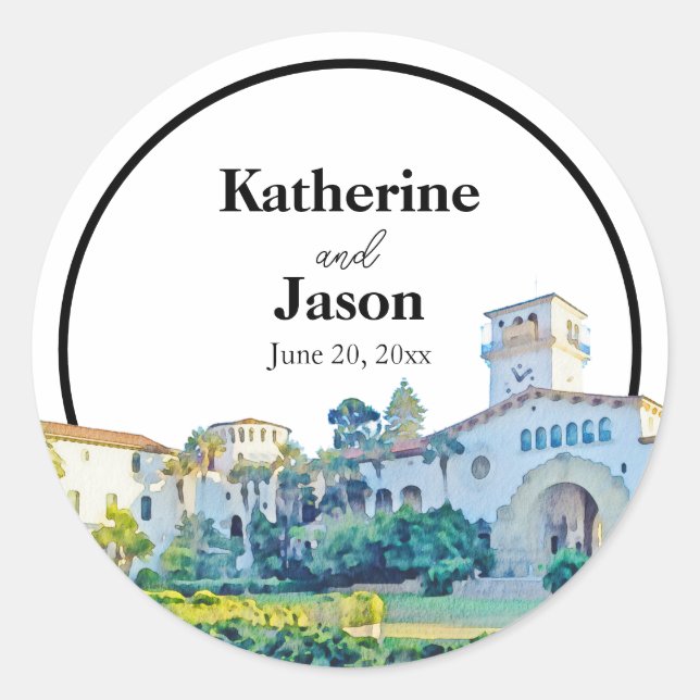 Santa Barbara Courthouse Watercolor Wedding Classic Round Sticker (Front)